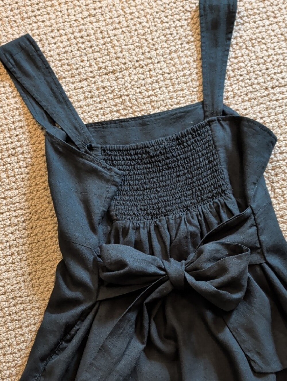 Linen Black Square-Neck Midi Milk Maid Dress Pockets Smocked Bow Pilcro L - Picture 11 of 12